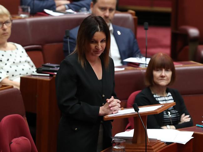 Senator Jacqui Lambie broke down as she told the Senate why she couldn’t discuss the agreement she had reached with the government. Picture: Kym Smith