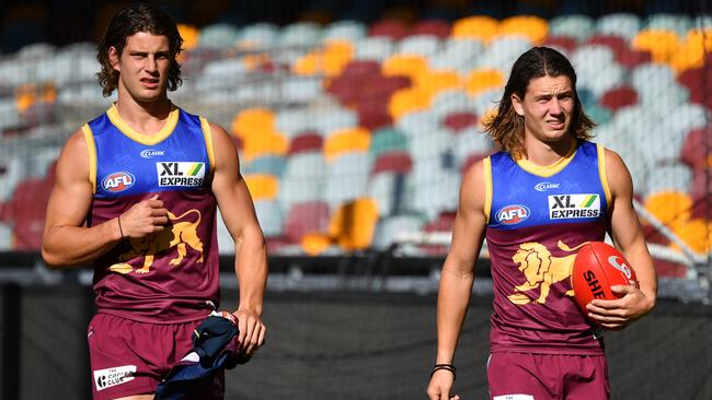 Lions midfielder Jarrod Berry (left) with brother Tom, who will make his AFL debut on Saturday.