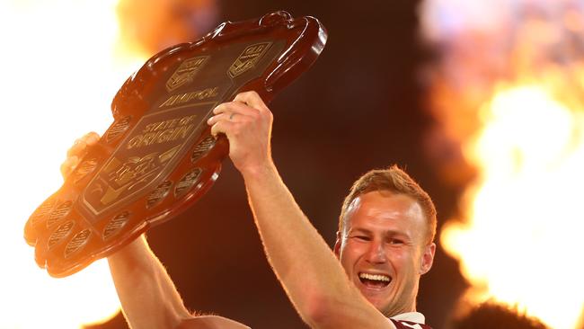 Daly Cherry-Evans of the Maroons celebrates winning game three of the State of Origin series in 2020. Picture: Chris Hyde / Getty Images