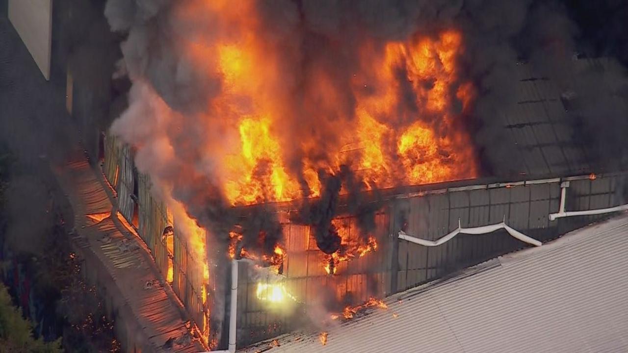 The factory went up in flames shortly after 2pm. Picture: Nine News