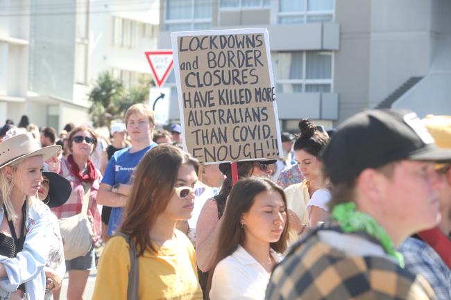 People in the Tweed are protesting the border restrictions. 22 August 2021 Coolangatta Picture by Richard Gosling