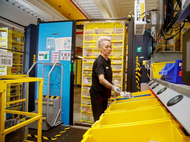 The Kemps Creek Amazon fulfilment centre uses robotics alongside humans. Picture: NewsWire / Nikki Short