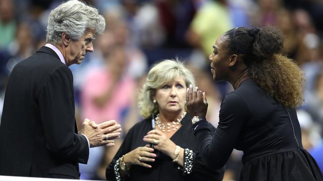 Serena Williams argues with tournament officials during the US Open final. Picture: Getty