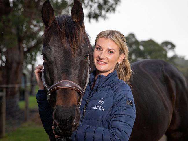 MELBOURNE, MAY 3, 2023: Jockey Jamie Kah at home on the Mornington Peninsula with her horse Brax after her horror fall in March. Picture: Mark Stewart