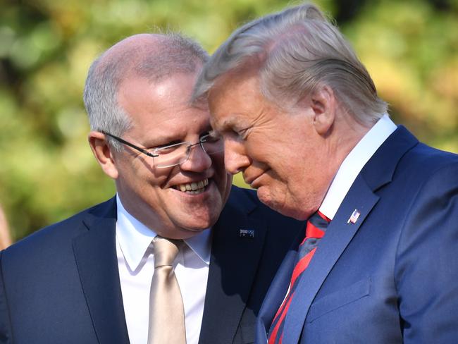 *This picture has been selected as one of the Best of the Year News images for 2019* United States President Donald Trump and Australia's Prime Minister Scott Morrison at a ceremonial welcome on the south lawn of the White House in Washington DC, United States, Friday, September 20, 2019. (AAP Image/Mick Tsikas) NO ARCHIVING