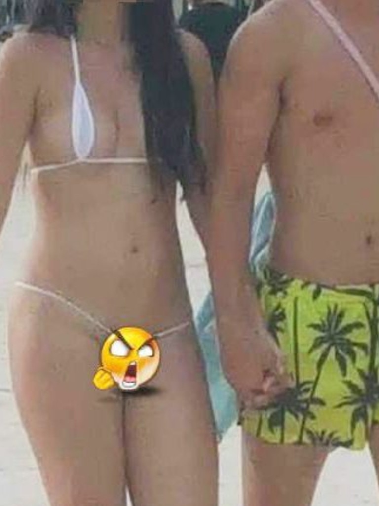 She was at the beach with her boyfriend when people started snapping her, some thinking the design was so X-rated they covered her modesty up with emojis. Picture: Facebook