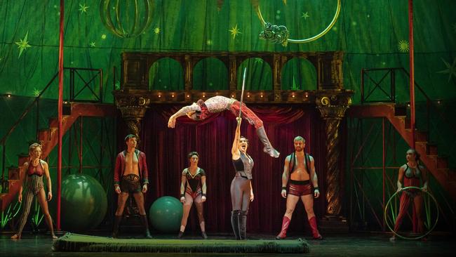 Gabrielle McClinton (with sword) and acrobats in Pippin. Picture: Brian Geach