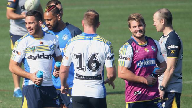 Corey Norman, Kieran Foran and the Eels train at Pirtek Stadium. Picture: Stephen Cooper