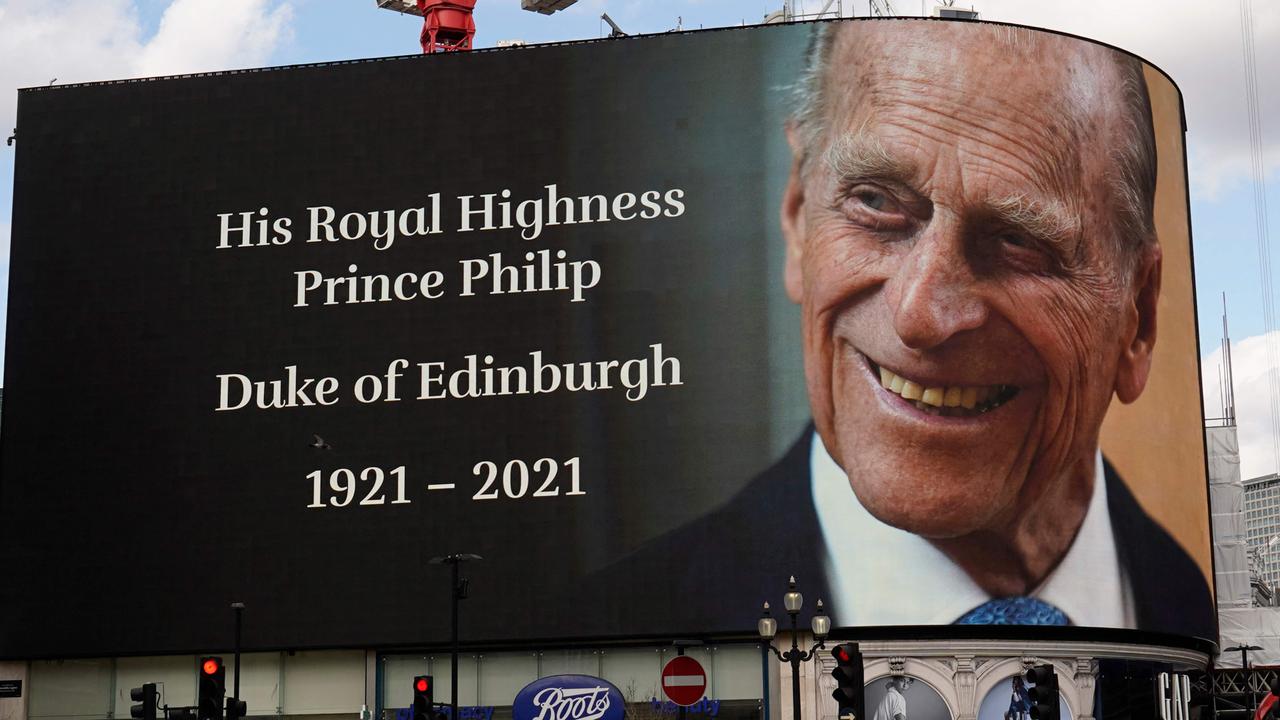 The electronic billboard at Piccadilly Circus in central London displays a tribute to Britain's Prince Philip. Picture: Niklas Hallen / AFP