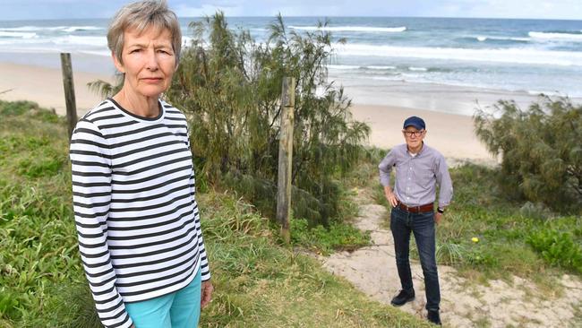 Marcus Beach Bushcare Association president Judy Tulloch and Peregian Beach Community Association president Barry Cotterell have joined forces to highlight the Noosa Council’s inaction over landholders claiming public beachside land as their own. Picture: Patrick Woods.