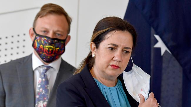 Annastacia Palaszczuk and Stephen Miles speak to the media. Picture: NCA NewsWire / John Gass