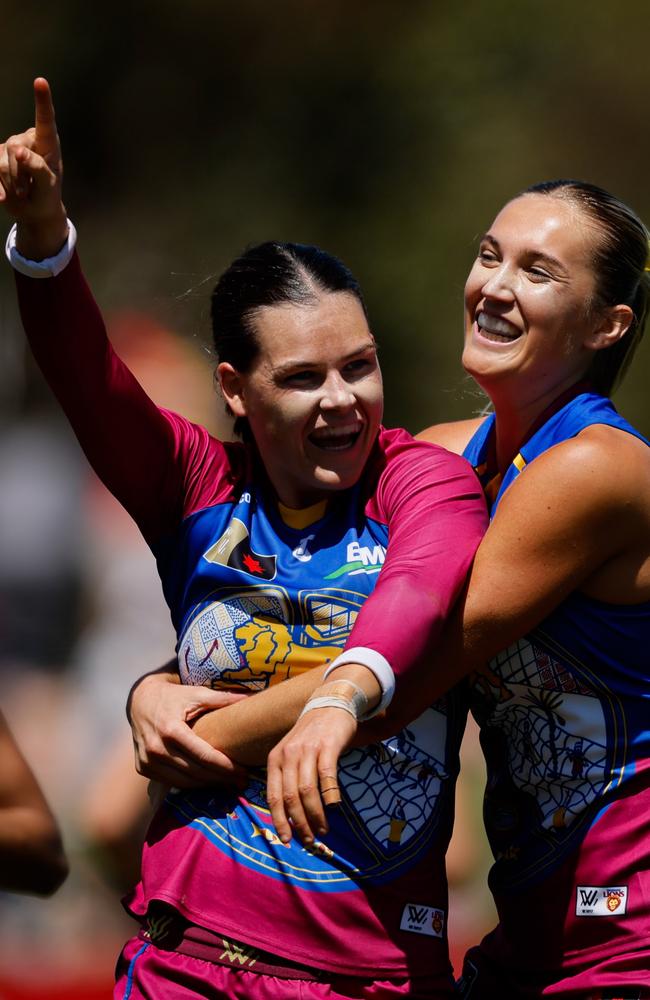 Sophie Conway celebrates a goal with teammate Taylor Smith against St Kilda. Picture: Dylan Burns/AFL Photos via Getty Images.