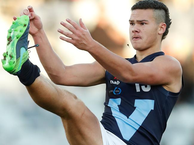 GEELONG, AUSTRALIA - JULY 05: Cameron Rayner of Vic Metro kicks the ball during the 2017 AFL Under 18 Championships match between Vic Metro and the Allies at Simonds Stadium on July 05, 2017 in Geelong, Australia. (Photo by Adam Trafford/AFL Media)