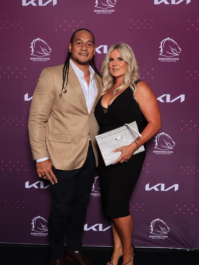 Marty Taupau and Michelle Martin at the Brisbane Broncos’ season launch at Water’s Edge, Hamilton. Picture: David Clark