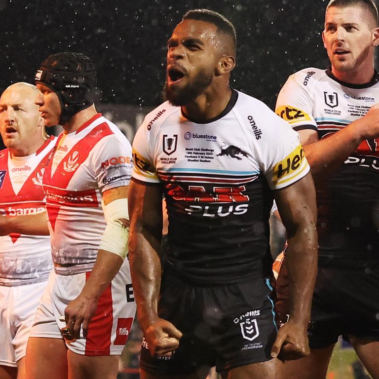 Sunia Turuva of the Panthers celebrates scoring a try during the World Club Challenge. Picture: Mark Metcalfe/Getty Images