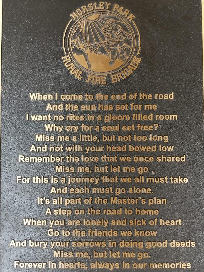 The plaque at the Horsley Park RFS HQ. Picture: Horsley Park Rural Fire Brigade