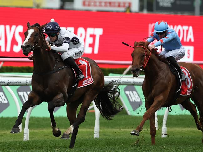 SYDNEY, AUSTRALIA - OCTOBER 19: Josh Parr riding Overpass wins Race 6 Toyota Forklifts Sydney Stakes during Sydney Racing - The Everest Day at Royal Randwick Racecourse on October 19, 2024 in Sydney, Australia. (Photo by Jeremy Ng/Getty Images)