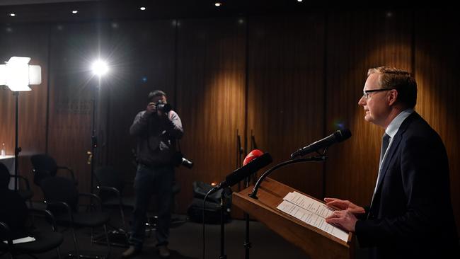 Reserve Bank of Australia Governor Philip Lowe speaks to the media in Sydney in March 2020. Picture: (AAP Image)