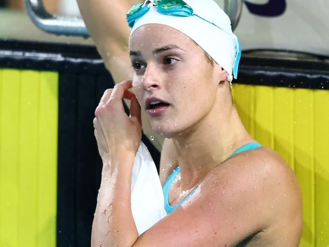 Kaylee McKeown reacts after winning the women’s 100m Backstroke Final during the 2024 Australian Swimming Trials at Brisbane Aquatic Centre on June 11, 2024 in Brisbane, Australia. Picture: Chris Hyde/Getty Images