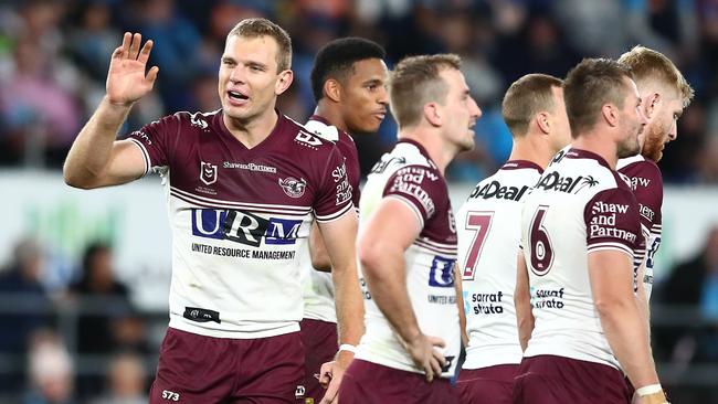 Tom Trbojevic of the Sea Eagles celebrates a try (Photo by Chris Hyde/Getty Images)