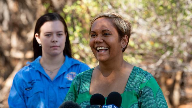 Minister for Aboriginal Affairs; Minister for Parks and Rangers Selena Uibo addresses media regarding a new round of grants for the Larrakia Land and Sea Rangers. Picture: Che Chorley