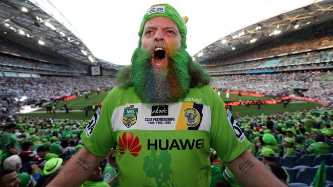 Raiders fan Brendan O’Brien from Canberra at the 2019 NRL Grand Final at ANZ Stadium, Sydney Olympic Park. Picture: Jonathan Ng