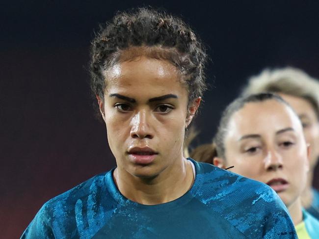 ZURICH, SWITZERLAND - OCTOBER 25: Mary Fowler of Australia warms up prior to the Women's international friendly match between Switzerland and Australia at Stadion Letzigrund on October 25, 2024 in Zurich, Switzerland. (Photo by Arnd Wiegmann/Getty Images for Football Australia)