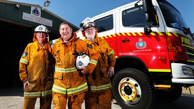 Magra Fire Brigade members, from left, Wayne Marshall, Dallas Featherstone and Andrew Pegg are among the many firefighters statewide who are on standby for the day of total fire ban. Picture: NIKKI DAVIS-JONES