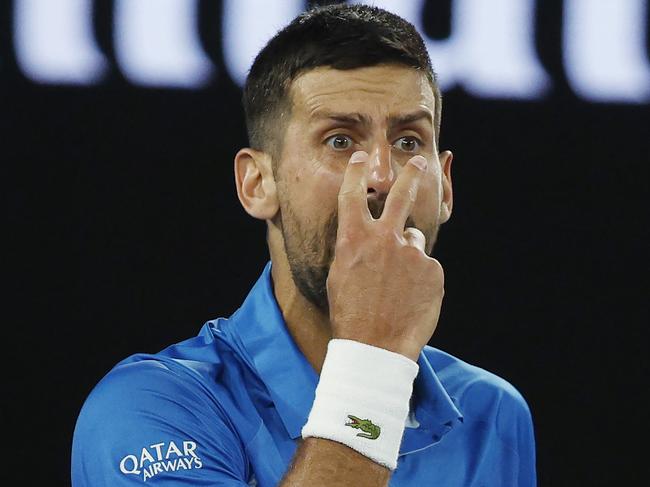 NCA. MELBOURNE, AUSTRALIA. 19th January 2025.   Day 8 Australian Open Tennis at Melbourne Park.   Novak Djokovic vs Jiri Lehecka on Rod Laver Arena.  Novak Djokovic screams at his coaches box during his 4th round match against  Jiri Lehecka  .  Picture: Michael Klein