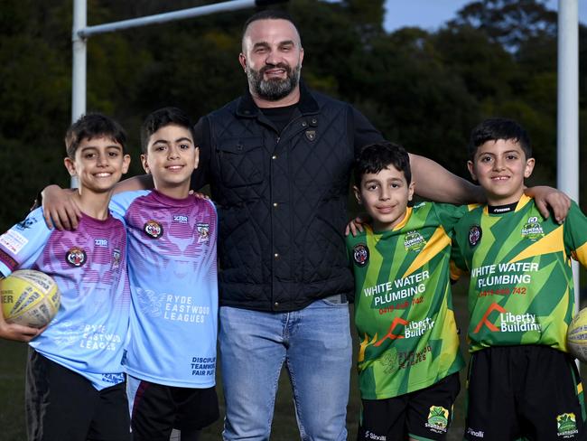 (L to R) Charbel Samaha, Jayden Sleiman, Danny Abdallah, Alex Abdallah and Jayden Sleiman. The boys will swap teams for the i4Give Cup. Picture: NRL Photos/Gregg Porteous