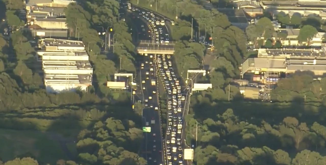 Hundreds of Sydney residents pack the motorway amid a train chaos. Picture: Nine Network