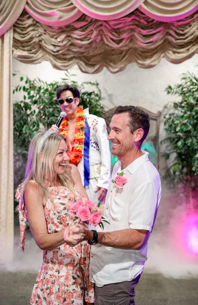 Ann Wason Moore and Michael Moore renew their wedding vows at the Viva Las Vegas Weddings chapel, part of the world famous Little White Wedding Chapel.