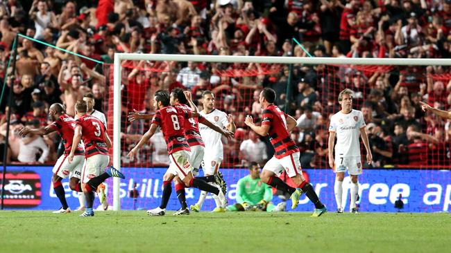 Western Sydney Wanderer Romeo Castelen celebrates after scoring a goal against Brisbane Roar. Picture: Adam Taylor