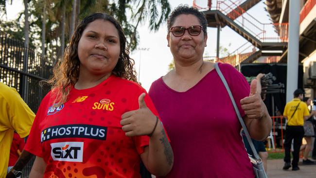 Shanika Mulholland and Bettina Danganbarr at the Gold Coast Suns vs Geelong Cats Round 10 AFL match at TIO Stadium. Picture: Pema Tamang Pakhrin