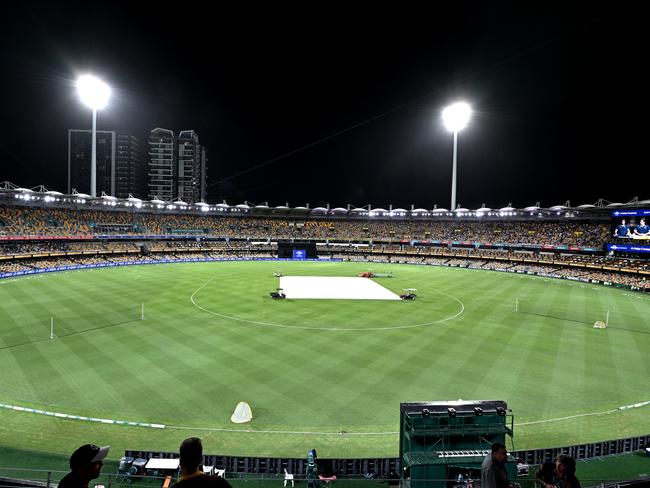 Bad weather delayed the start of play during game one of the men's T20 international between Australia and Pakistan at The Gabba on November 14, 2024. Picture: Bradley Kanaris/Getty Images