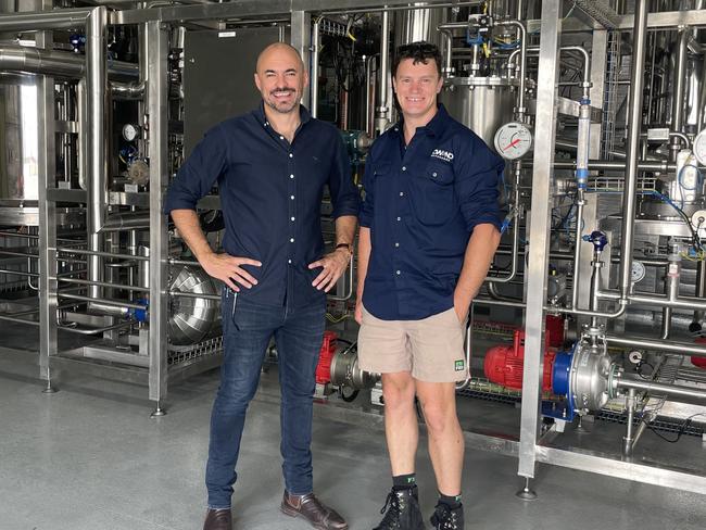 Aaron Milne and John Horking in front of the cutting-edge, world first distillery at Low and No Beverages. Picture: Stuart Kavanagh