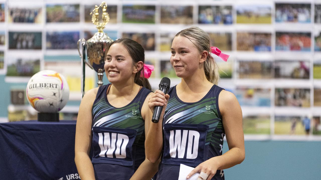 St Ursula's Senior A captains Aaliyah Selby (left) and Haylee Doherty speaking after defeating Downlands First VII in Merici-Chevalier Cup netball at Salo Centre, Friday, July 19, 2024. Picture: Kevin Farmer