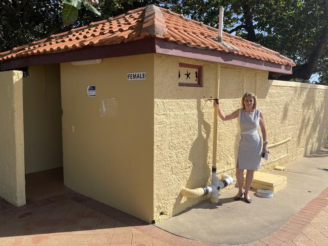 Townsville Mayor Jenny Hill outside the Pallarenda Freemasons Park's toilets, which have an uncertain future. Picture: Leighton Smith.