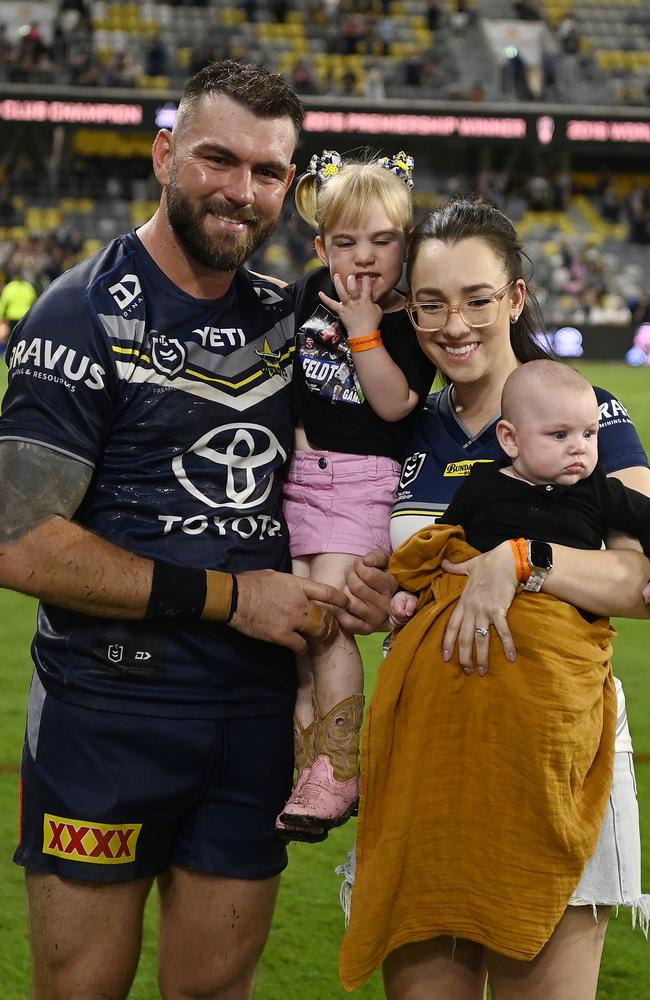 Kyle Feldt poses with his family during a lap of honour. (Photo by Ian Hitchcock/Getty Images)