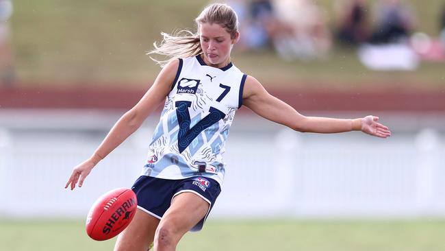 BRISBANE, AUSTRALIA - JULY 07: Sara Howley of Victoria Country kicks during the Marsh AFL National Championships match between U18 Girls Queensland and Victoria Country at Brighton Homes Arena on July 07, 2024 in Brisbane, Australia. (Photo by Chris Hyde/AFL Photos/via Getty Images)