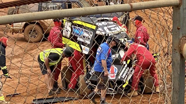 Aftermath of Moriarty sprintcar racer Adrian Redpath's near-fatal crash at Carrick Speedway on February 25, 2023. Picture: Facebook