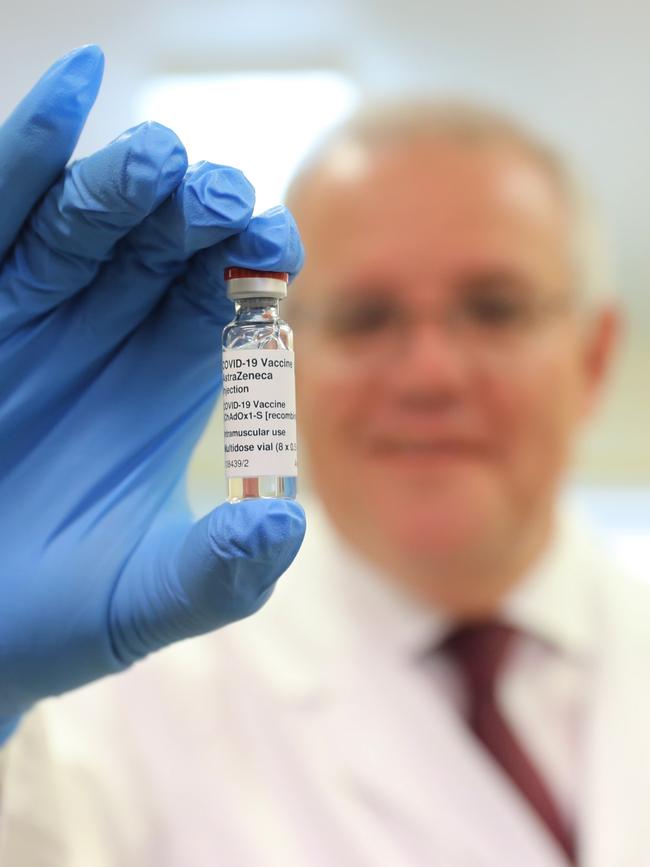 Prime Minister Scott Morrison visits the Therapeutic Goods Administration (TGA) to see their AstraZeneca batch release. Picture: Adam Taylor