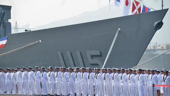 Taiwan sailors parade in front of a navy frigate. Picture: AFP