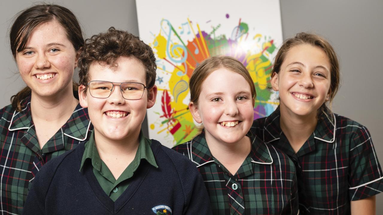 St Saviour's Primary School students (from left) Claudia Shoebridge, Alistair Scotts, Abby Phillips and Sia Luck will feature in the Toowoomba Catholic Schools Arts Fest. Picture: Kevin Farmer