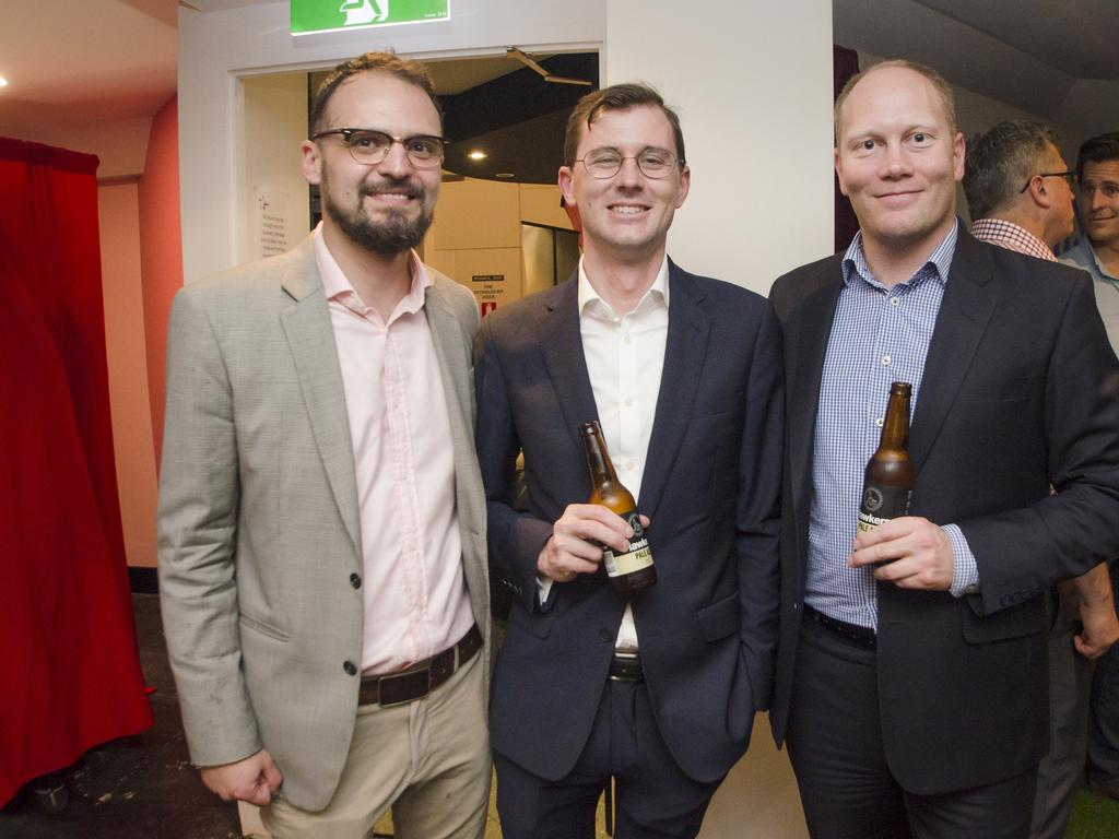 Richard Harris, Stephan Mitchel and Mateus Nolasco at Renew Adelaide’s annual celebration with its community and business partners at Raj House. Picture: Zezette Lindqvist