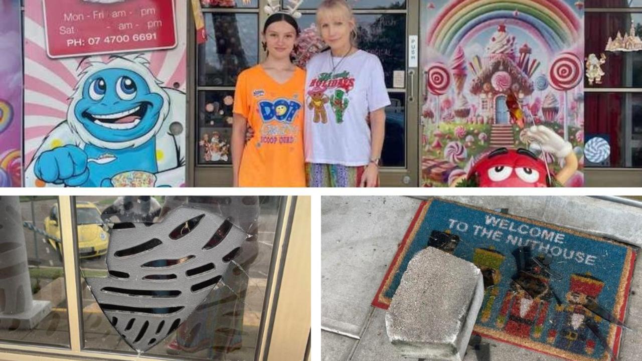 Staff at The Candy Wrapper were left to pick up the pieces after the store was vandalised with a brick paver in a failed break in attempt over the weekend. Picture: Supplied.