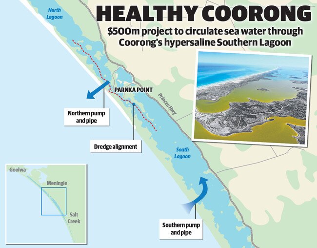 The Coorong circulation option - pumping seawater into the Southern lagoon and then hypersaline water out again further north-west.