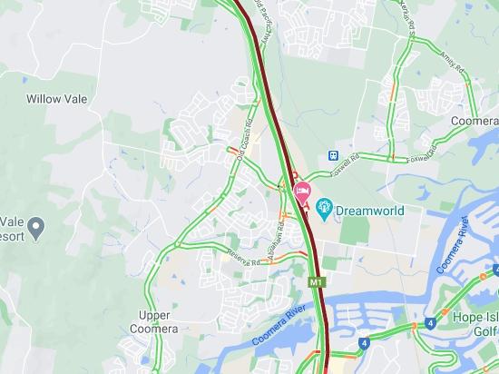 Traffic on the M1 near Hope Island after two trucks crashed. Photo: Google Maps