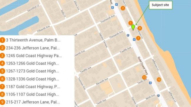 The site of a 13-level tower planned for Palm Beach after developers sought a height uplift — and other apartment high rise approvals nearby.