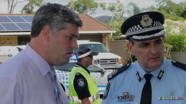 Minister for Police Mark Ryan with Queensland Police Service Assistant Commissioner Michael Keating speaking at an RBT site at Nerang. Picture: Luke Mortimer